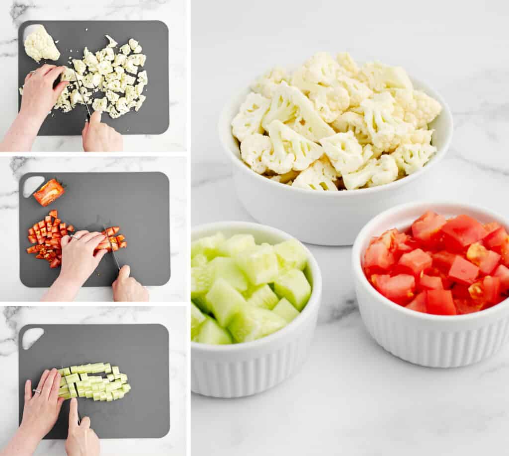 Chopping Cauliflower, Tomatoes, and Cucumbers