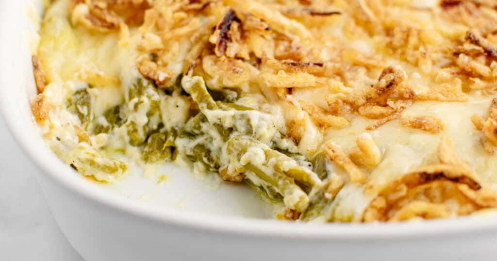 Cheesy Green Bean Casserole in Baking Dish