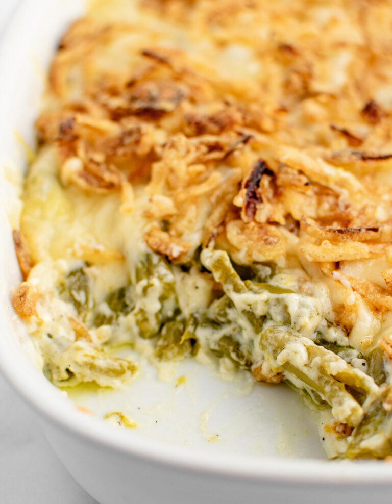 Cheesy Green Bean Casserole in Baking Dish