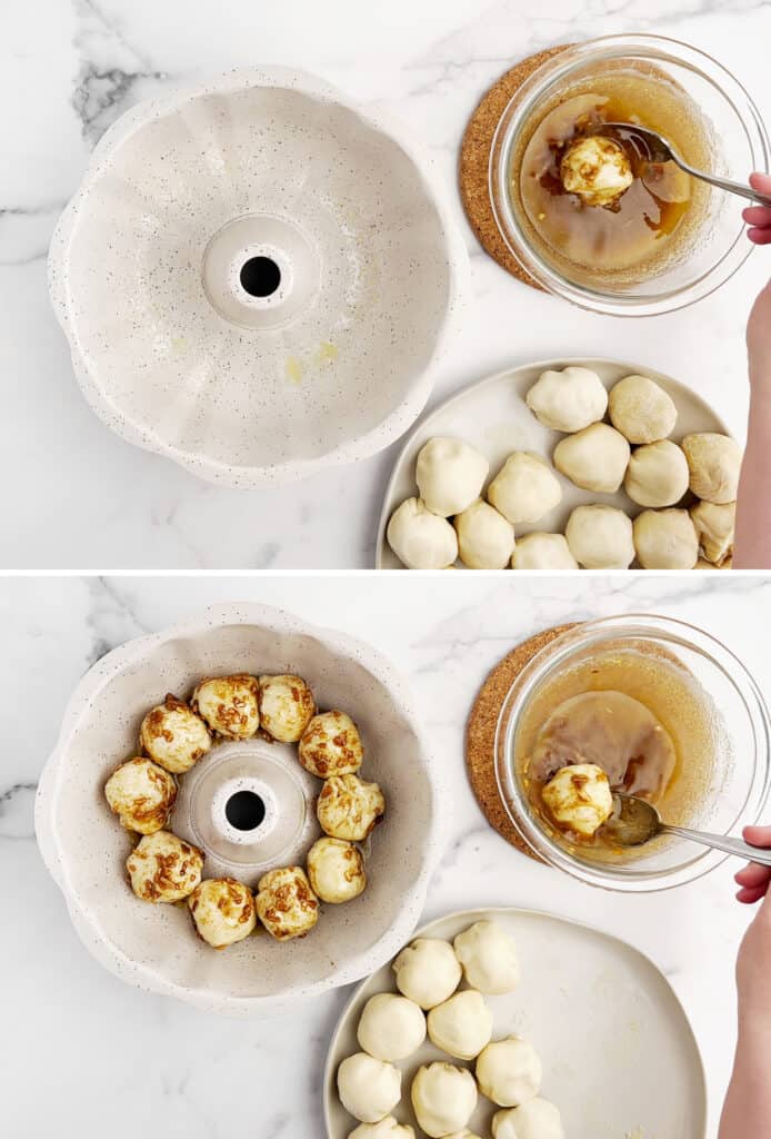 Dipping Dough in Butter Onion Mixture and Placing in Bundt Pan