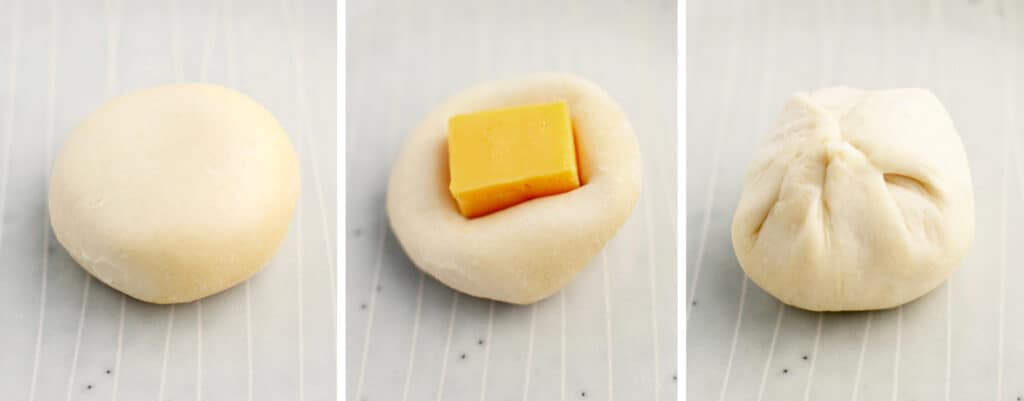 Steps for Cheese Dough Rolls - Roll (left) Roll with Cheese (middle) Roll Closed with Cheese (right)