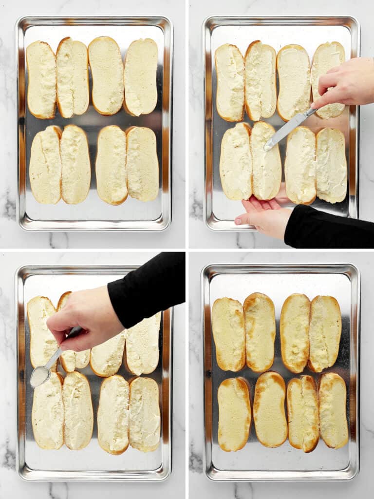 Spreading Butter on Hoagie Buns on Pan, Then Sprinkling with Garlic Salt