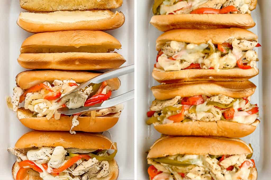 Adding Chicken Cheesesteak Mixture on Toasted Hoagie Rolls