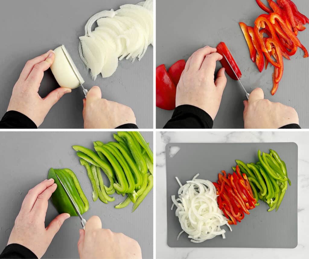 Chopping Onions and Peppers on Grey Cutting Board with Knife