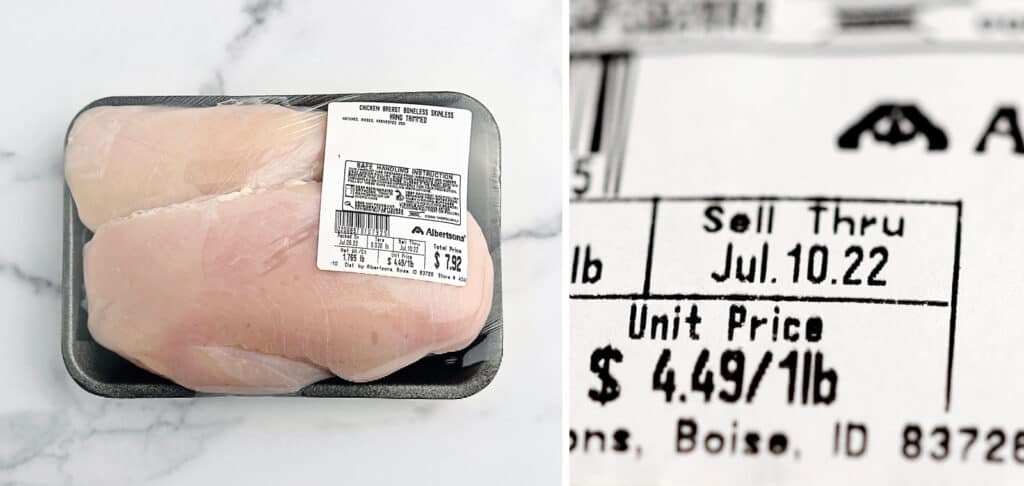 Package of Raw Chicken with Label (left) Close Up of Label with Sell Thru Date (right)