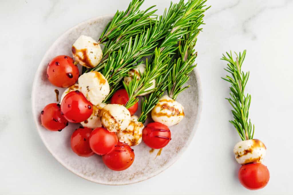 Holiday Caprese Skewers on Plate