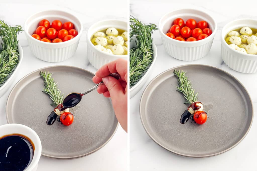Drizzling Balsamic Glaze on Caprese Skewer