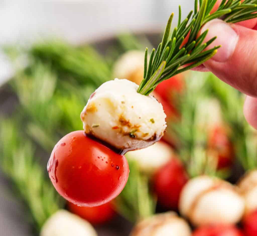 Closeup of Rosemary Caprese Skewers