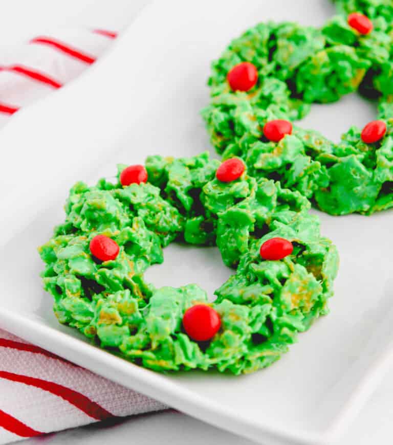Christmas Cornflake Wreaths on Tray with Red and White Striped Towel