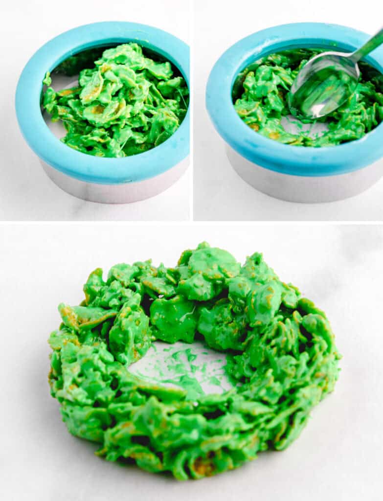 Forming Corn Flake Wreaths with Circle Cookie Cutter and Spoon