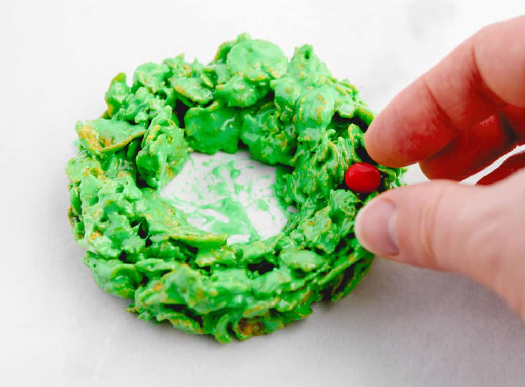 Adding Imperials to Corn Flake Wreath
