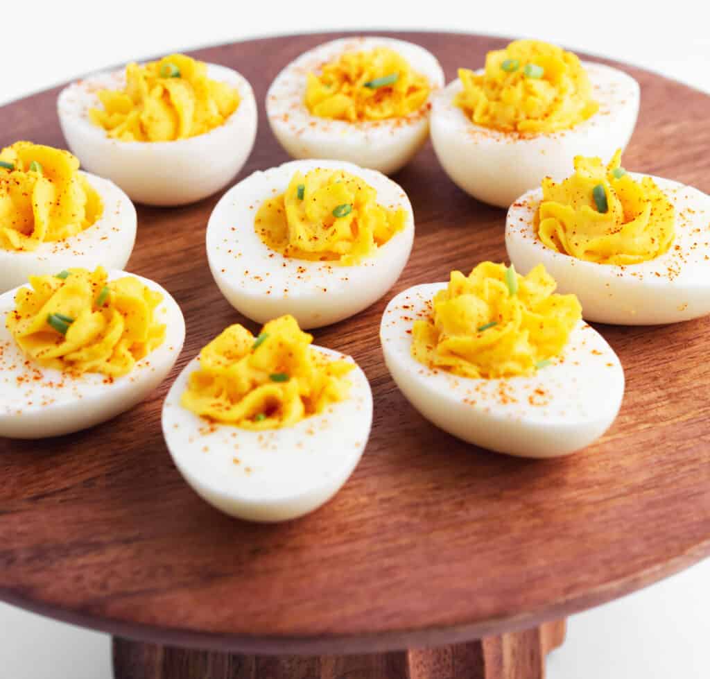 Deviled Eggs on Wooden Cake Stand