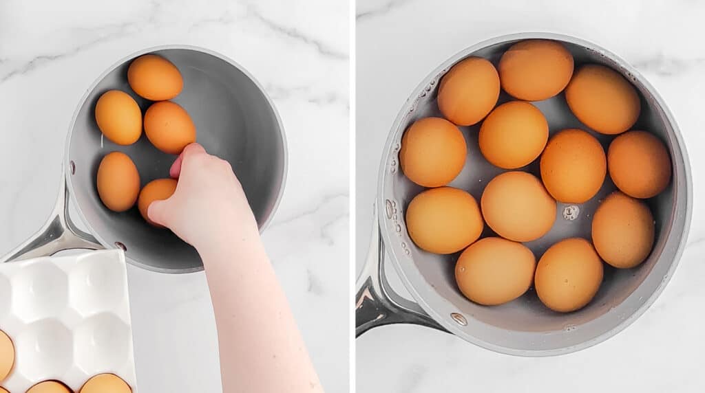 Hard Boiling Brown Eggs in Medium Grey Pot