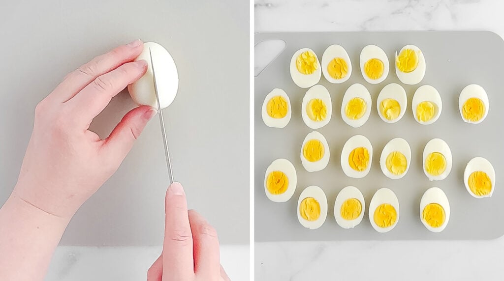 Slicing Eggs in Half with Knife on Grey Cutting Board