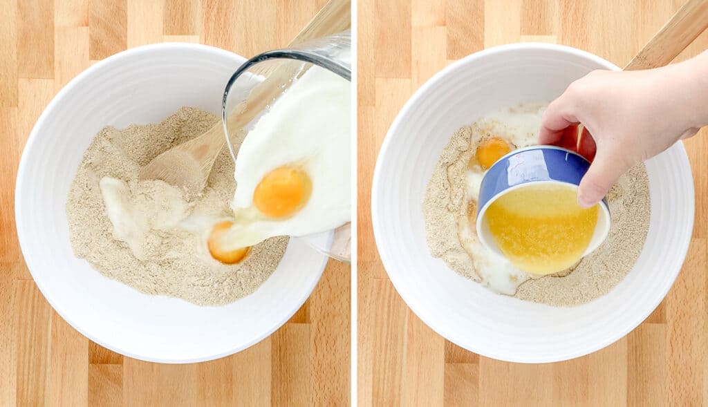 Adding Buttermilk, Egg, and Melted Butter to Dry Ingredients