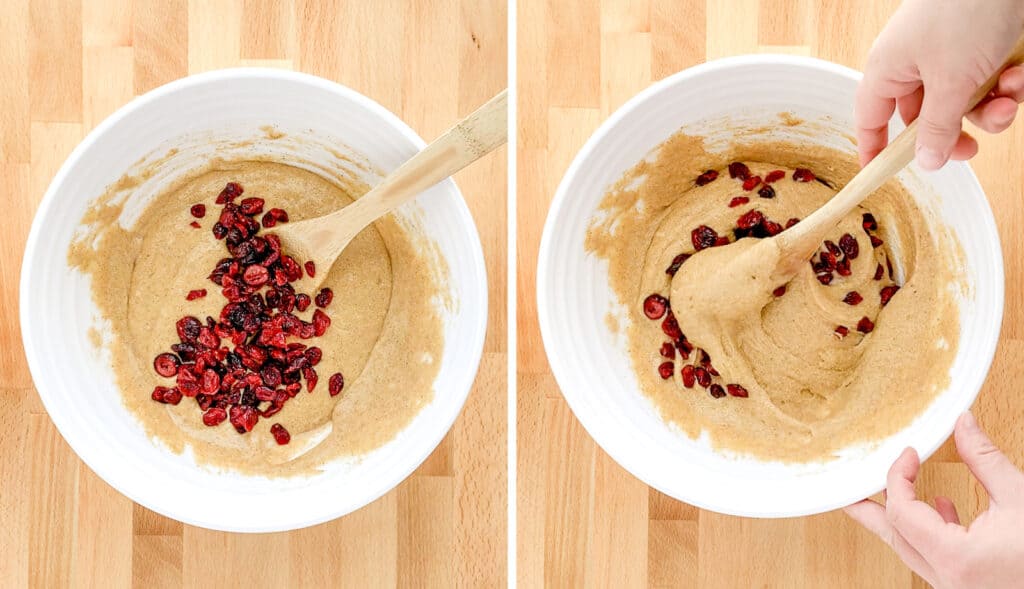 Folding Dried Cranberries Into Batter in Bowl