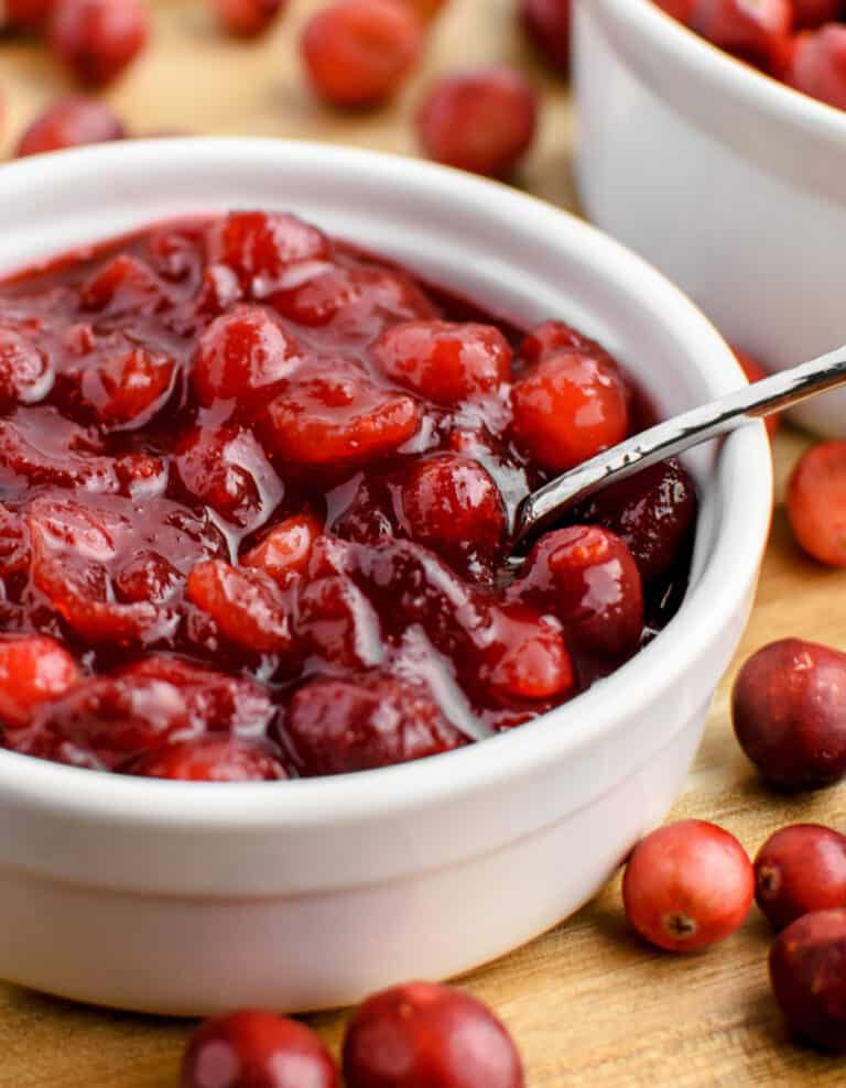 Cranberry Sauce in Bowl with Spoon and Fresh Cranberries Surrounding