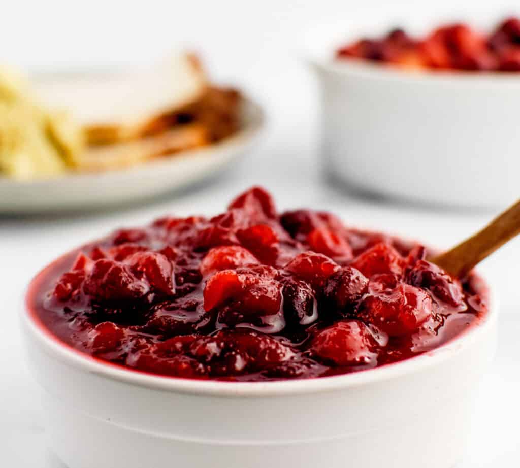 Closeup of Cranberry Sauce in Bowl with Spoon