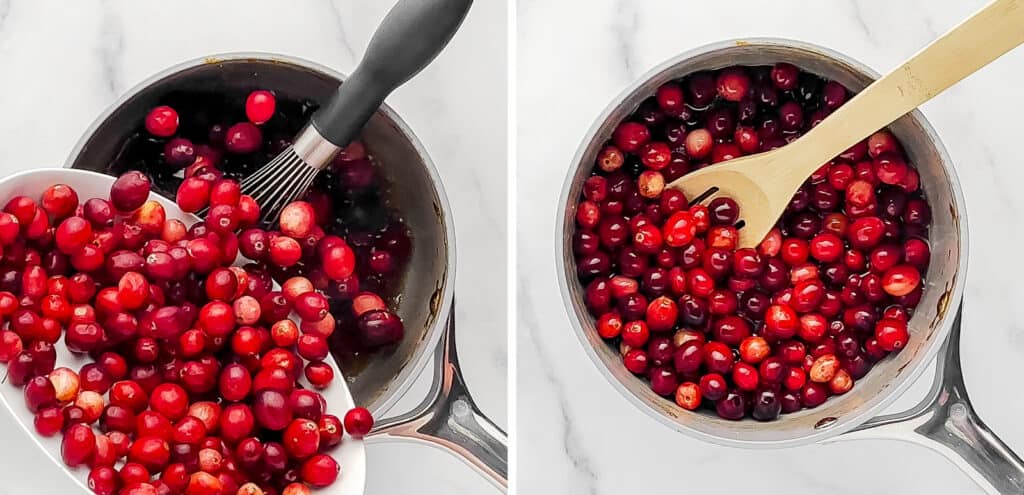 Adding Cranberries to Sugar Sauce in Pan