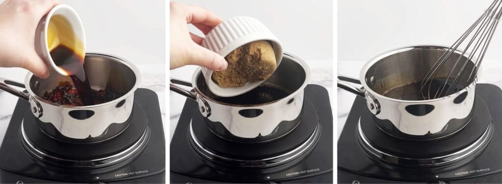Adding Soy Sauce and Brown Sugar to Saucepan on the Stove