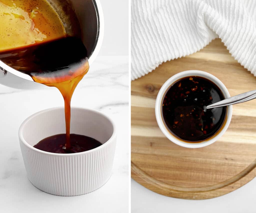 Pouring Teriyaki Sauce Into Serving Dish (left) Sauce with Spoon on Wooden Surface (right)