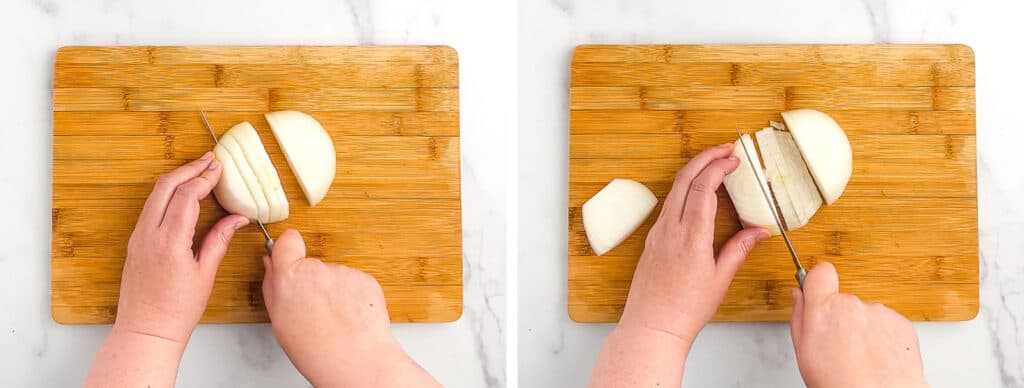 Chopping White Onion with Knife on Wooden Cutting Board
