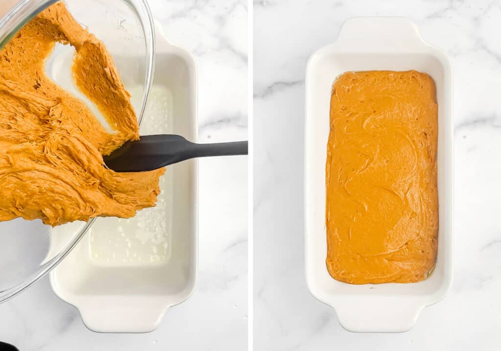 Pouring Pumpkin Batter Into Loaf Pan