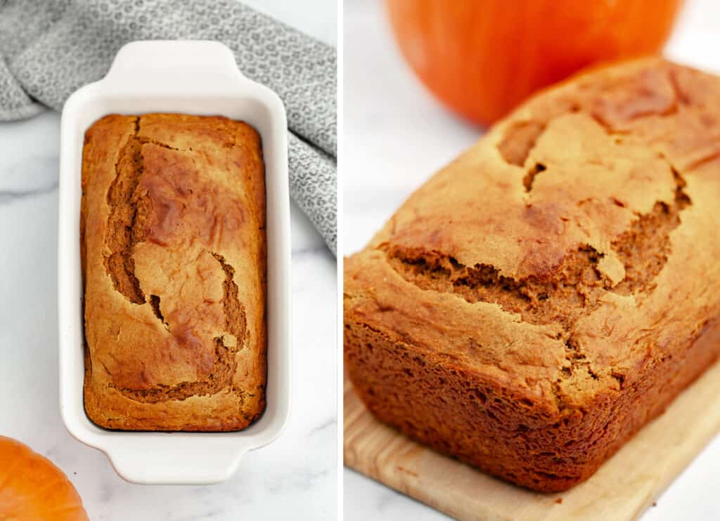 Full Baked Pumpkin Bread Loaf in White Pan