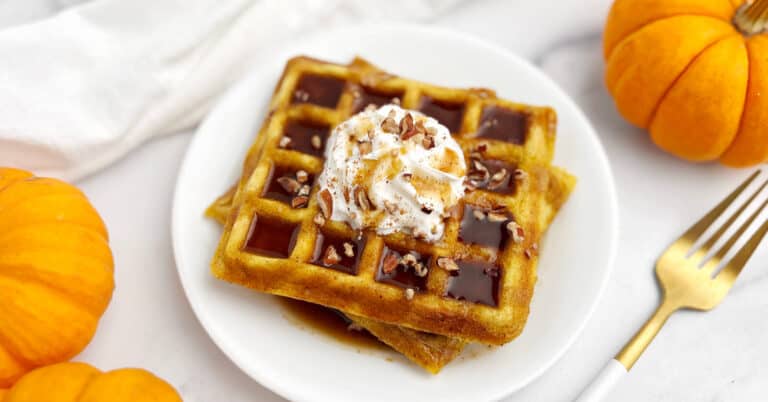 Pumpkin Waffles with Syrup, Whipped Cream, Pumpkin Spice on a Plate Surrounded by Mini Pumpkins, Fork, and Towel