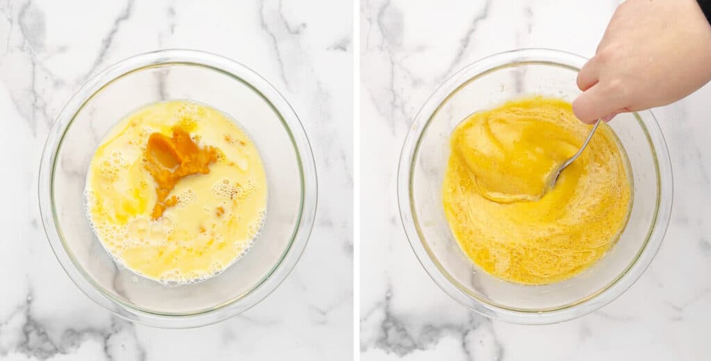 Wet Ingredients in Mixing Bowl for Pumpkin Waffles