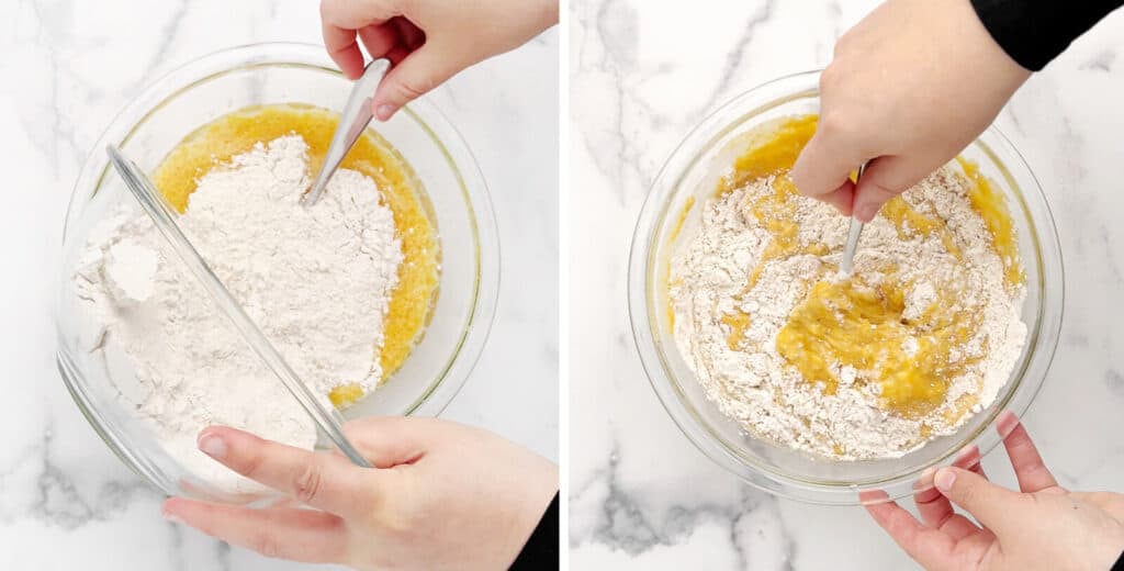 Mixing Dry Ingredients with Wet Ingredients for Pumpkin Waffles
