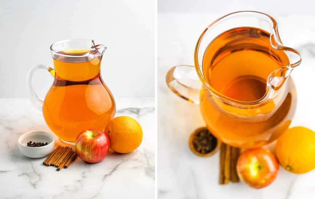 Hot Apple Cider Ingredients - Apple Juice, Orange, Apple, Cloves, and Cinnamon Sticks
