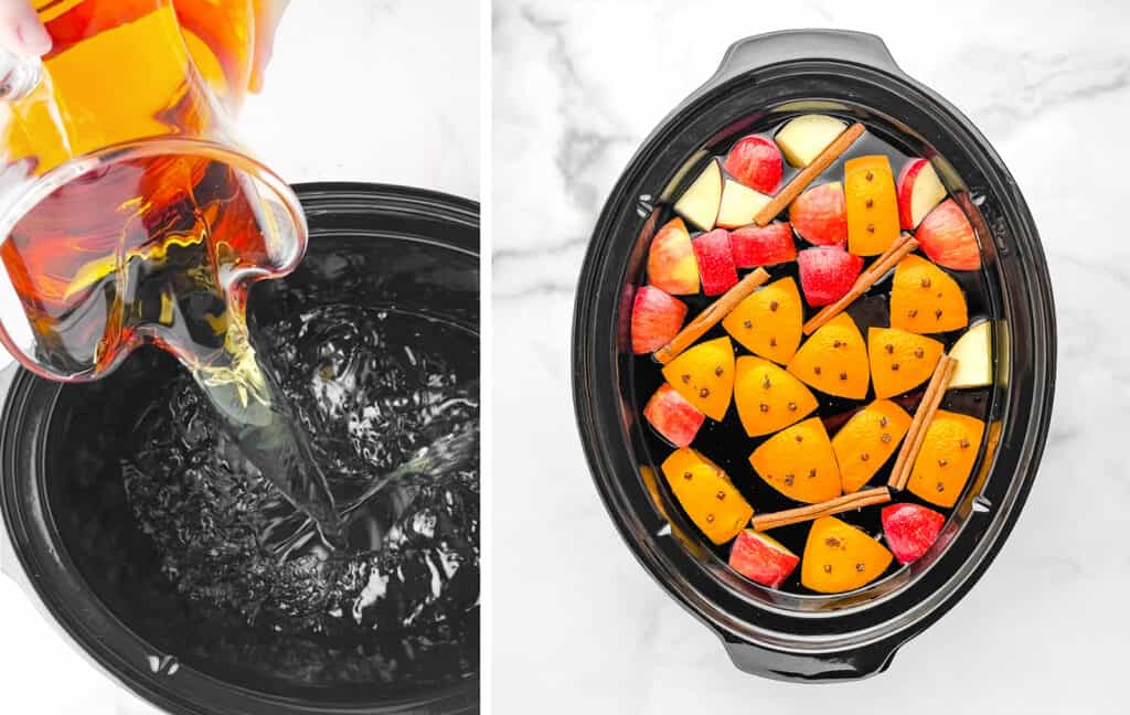 Adding Apple Juice to Crockpot (left) Cider in Slow Cooker (right)