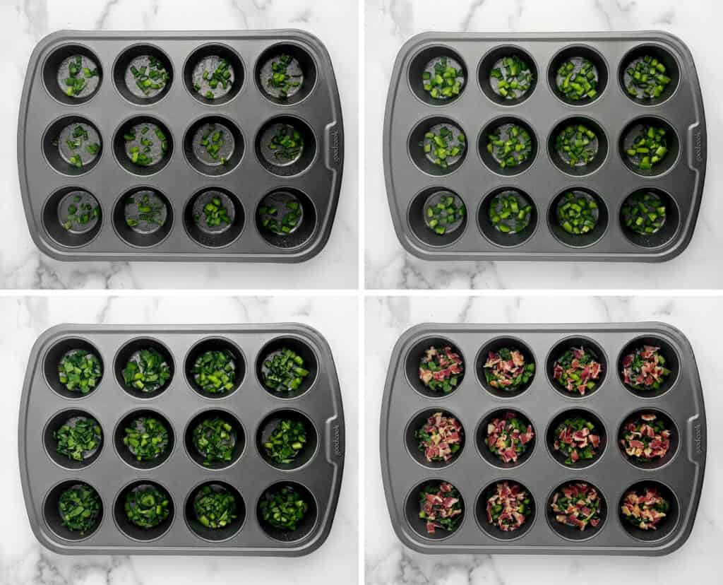 Adding Veggies and Bacon to Muffin Tins