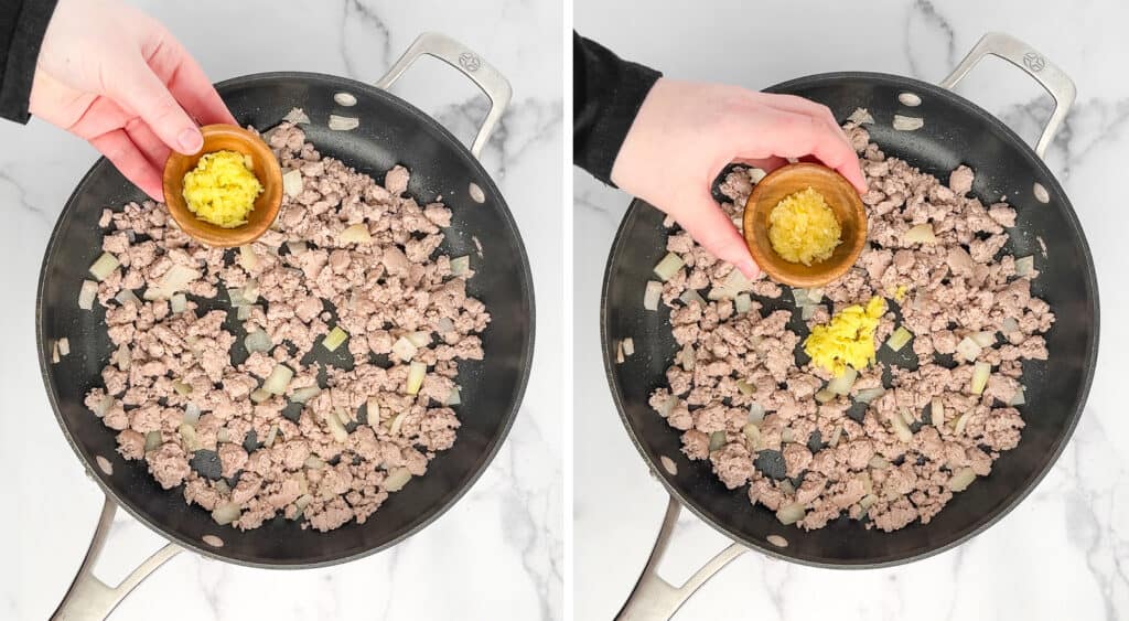 Adding Garlic and Ginger to Browned Pork in Skillet