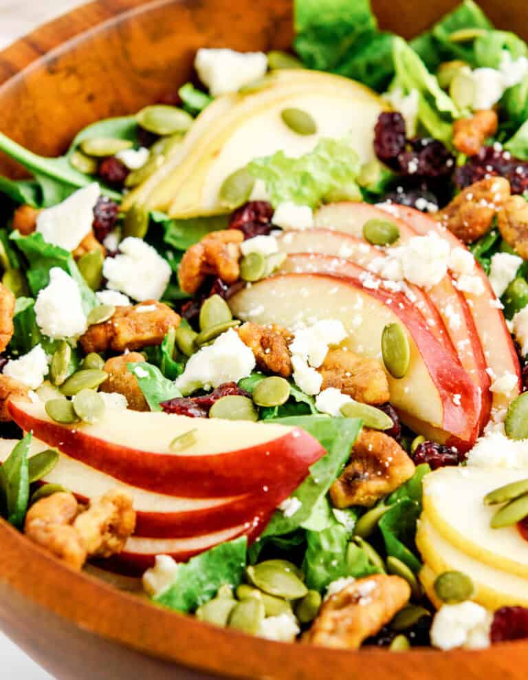 Fall Harvest Salad with Apples and Pears in Wooden Bowl