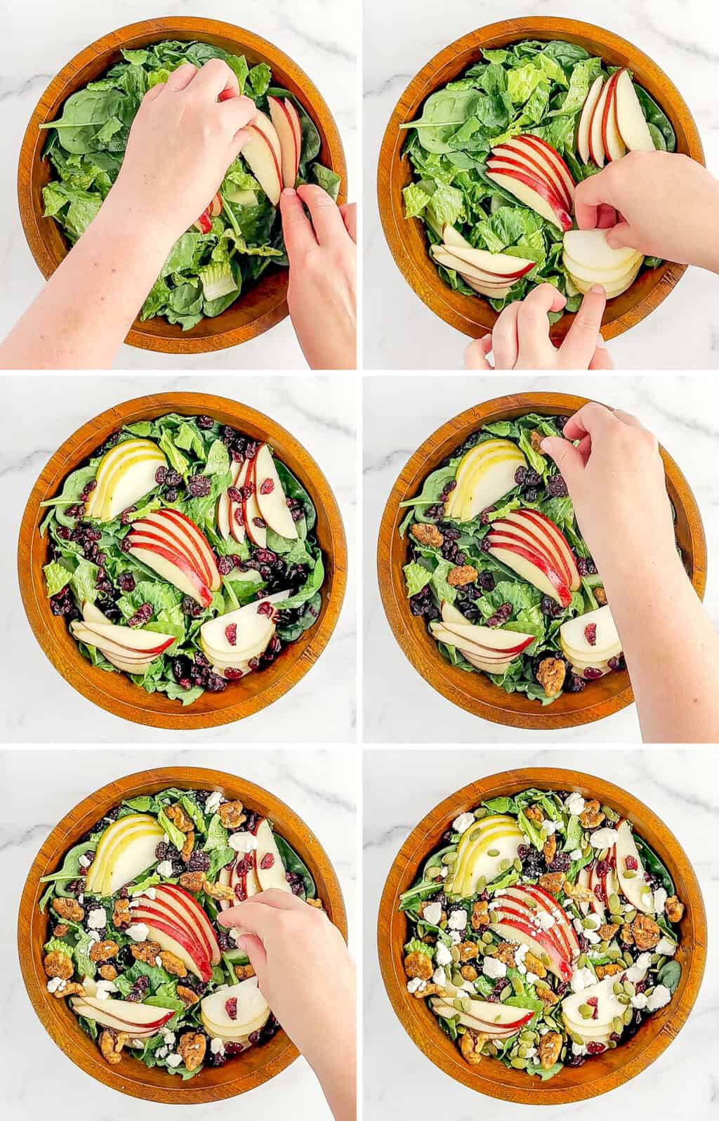 Adding Salad Toppings to Lettuce Mixture in Wooden Bowl