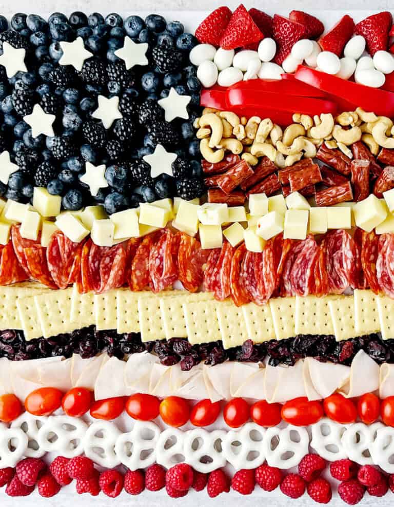 American Flag Charcuterie Board with Meats, Cheese, Fruits, and More in Flag Design