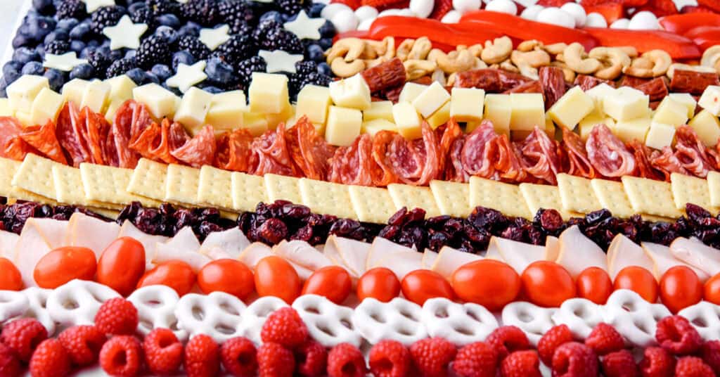 American Flag Charcuterie Board with Meats, Cheese, Fruits, and More in Flag Design