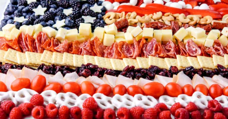 American Flag Charcuterie Board with Meats, Cheese, Fruits, and More in Flag Design