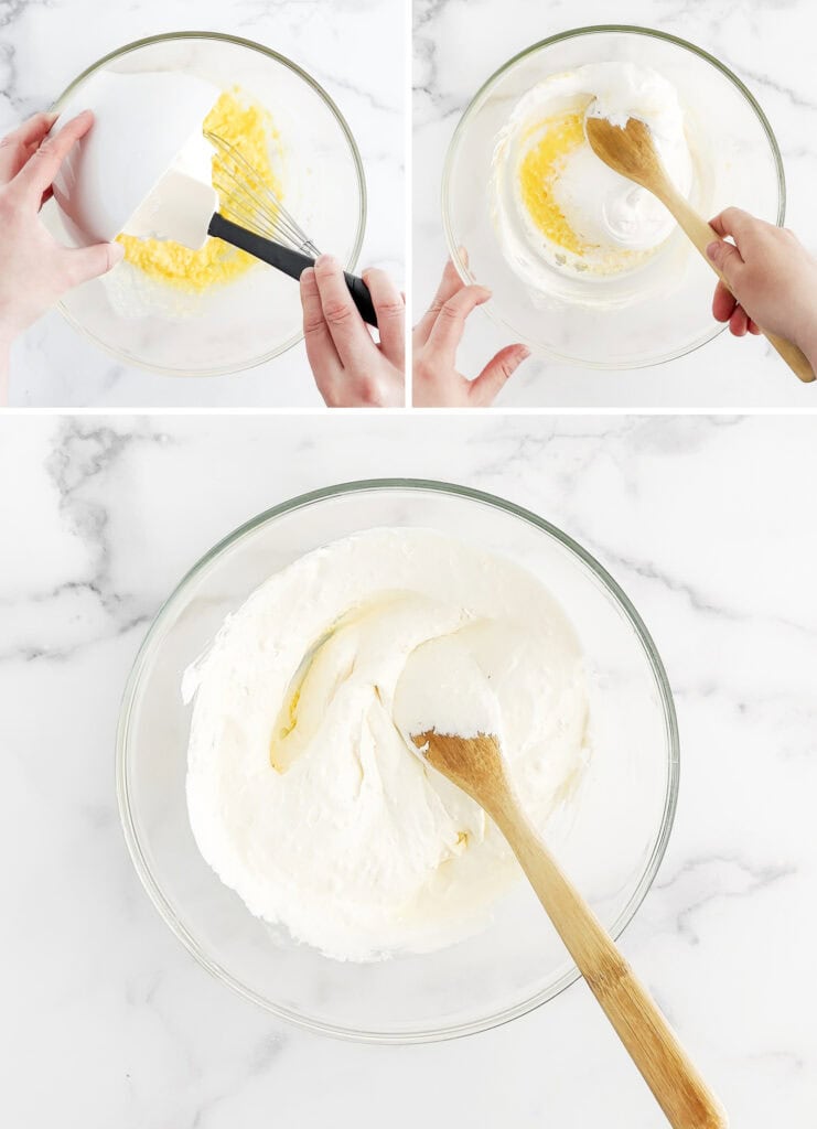 Adding Cool Whip to Pudding Mix in White Bowl with Wooden Spoon