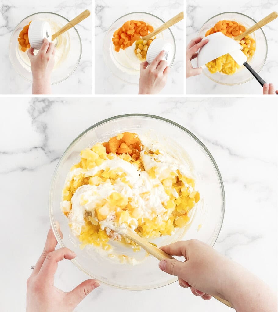 Adding Fruit to Pudding Mixture in Glass Bowl