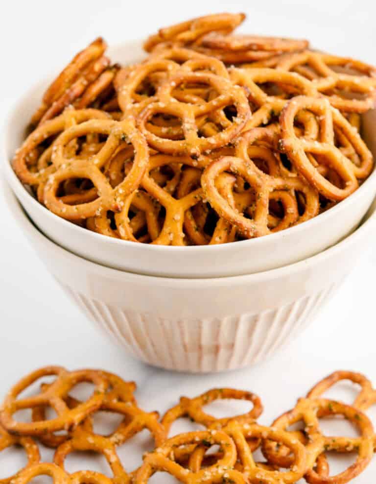 Garlic Ranch Pretzels in Stacked Bowls