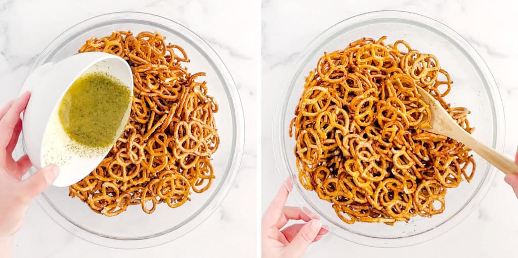 Mixing Seasoned Oil with Pretzels in Glass Bowl