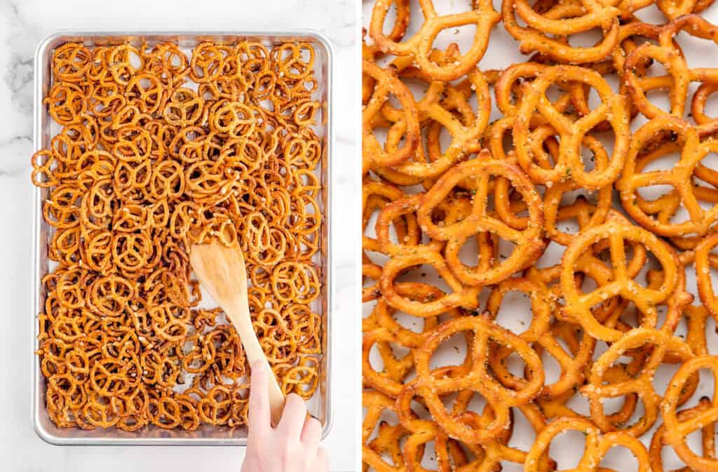 Mixing Baked Seasoned Pretzels on Baking Sheet