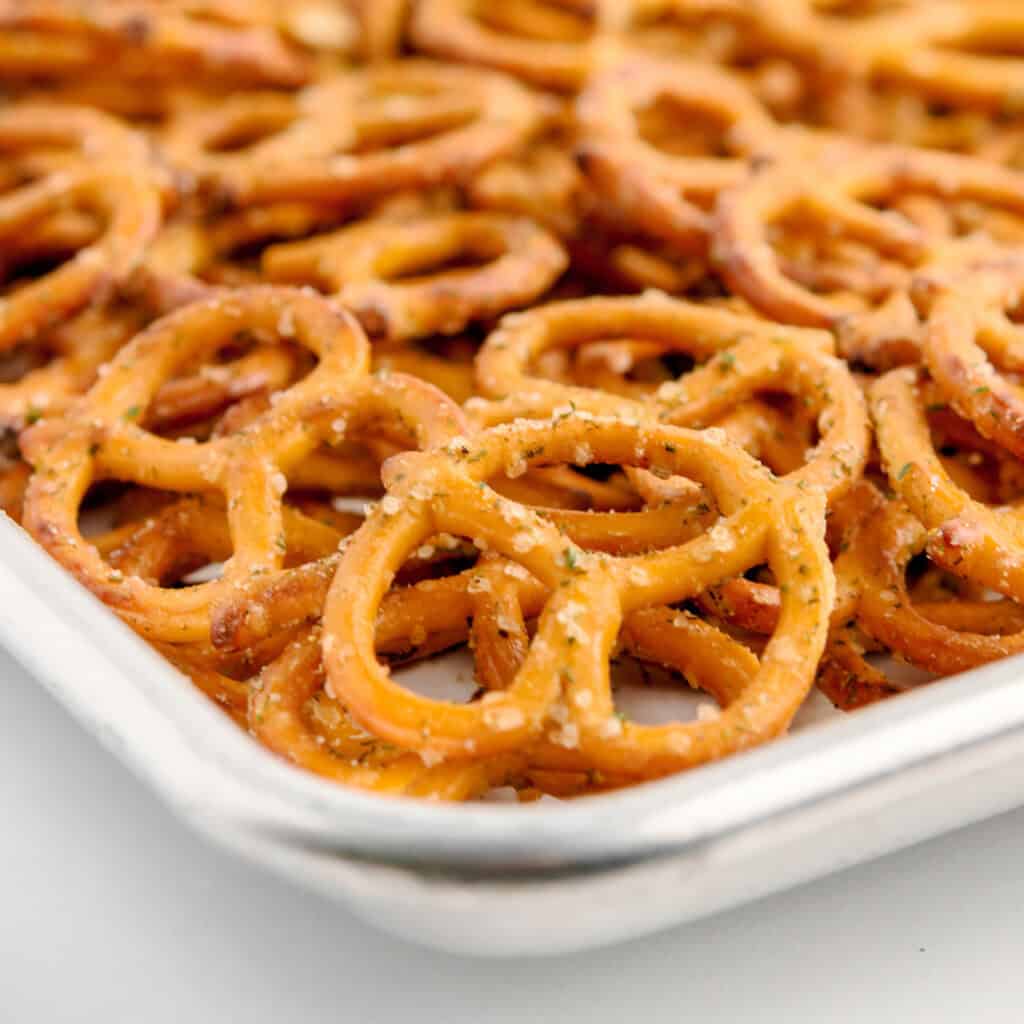 Closeup of Baked Ranch Pretzels on Baking Sheet