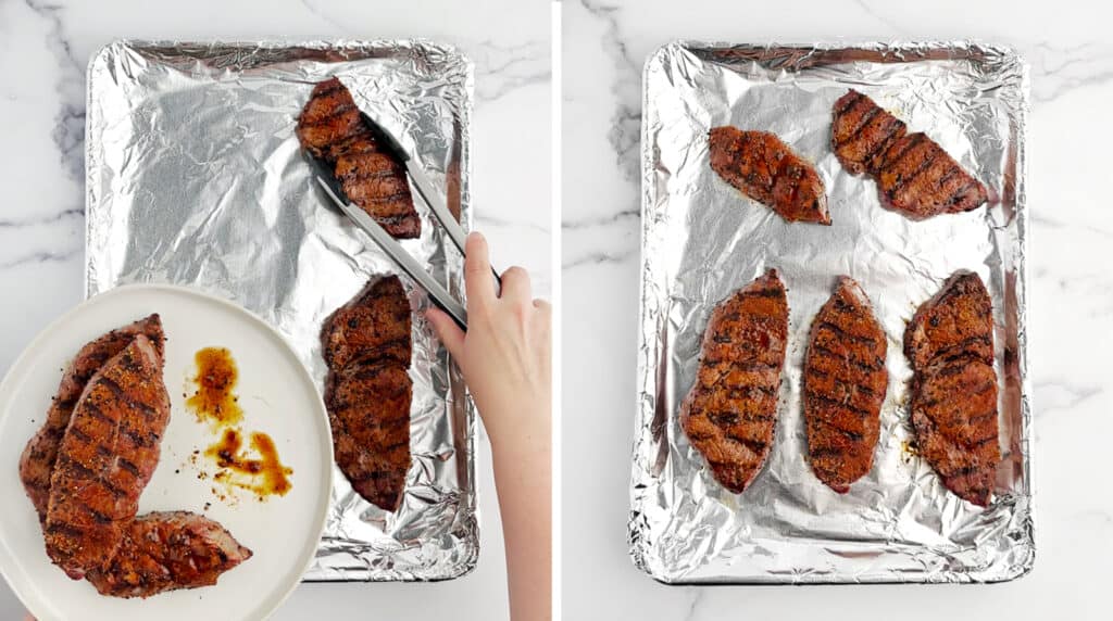 Removing Steaks from the Grill and Adding to Prepared Sheet Pan