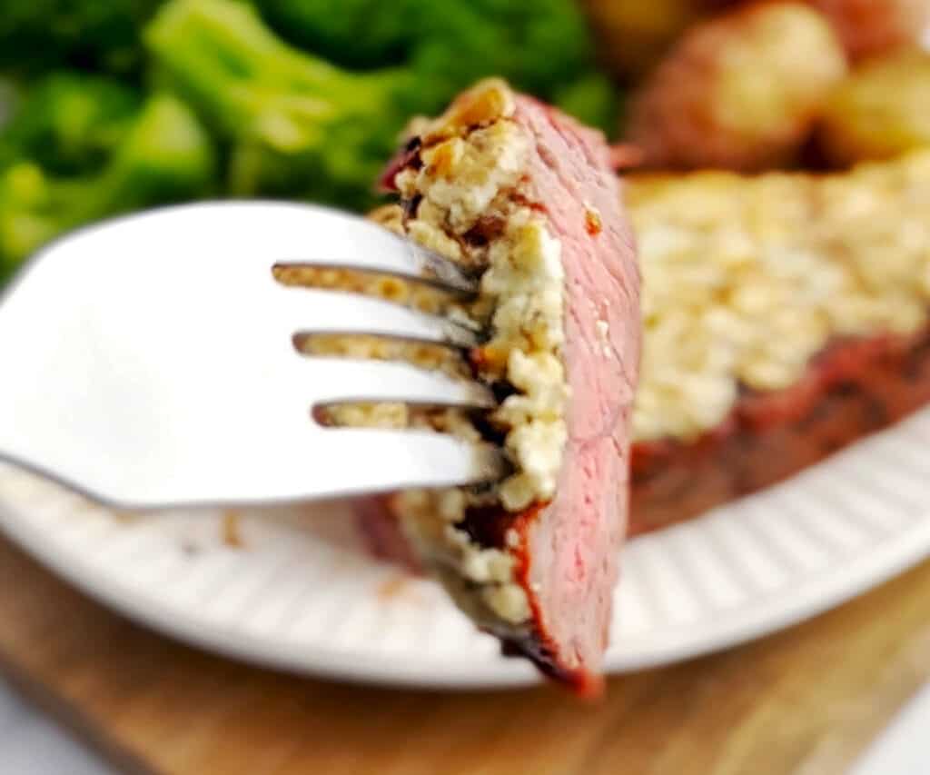 Closeup of Steak Slice on Fork