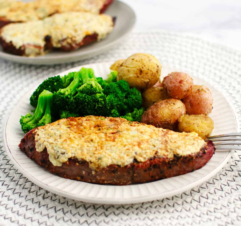 Steak Gorgonzola Plated with Potatoes and Broccoli