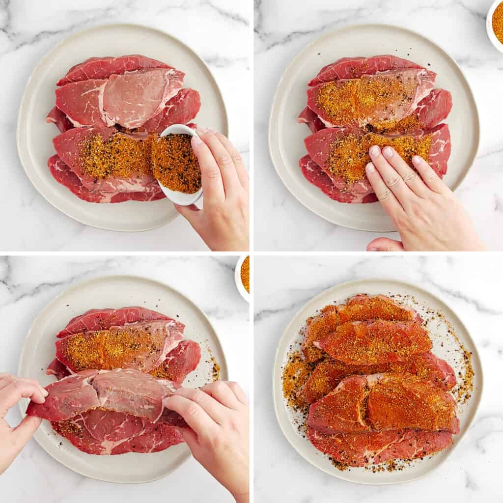 Applying Rub to Sirloin Steaks